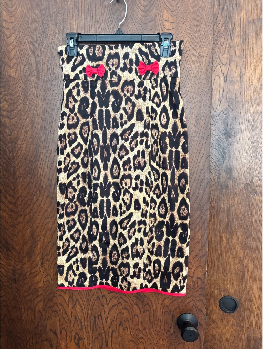 Collectif Leopard Print Pencil Skirt with Red Bows, Size Small UK 10